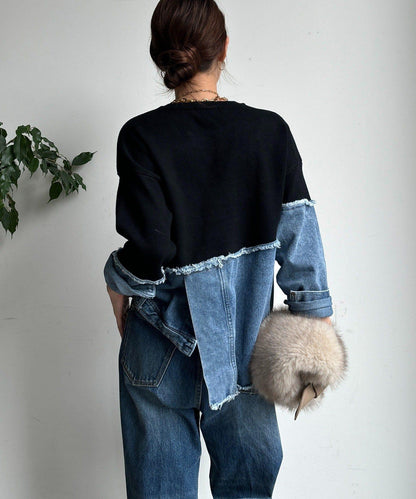 牛仔拼接針織套頭衫