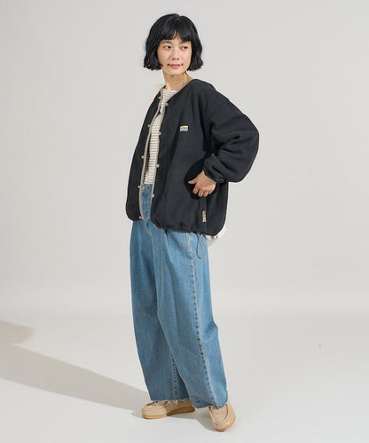 拼色抓絨按扣開衫