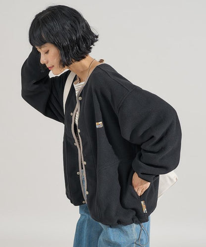 拼色抓絨按扣開衫