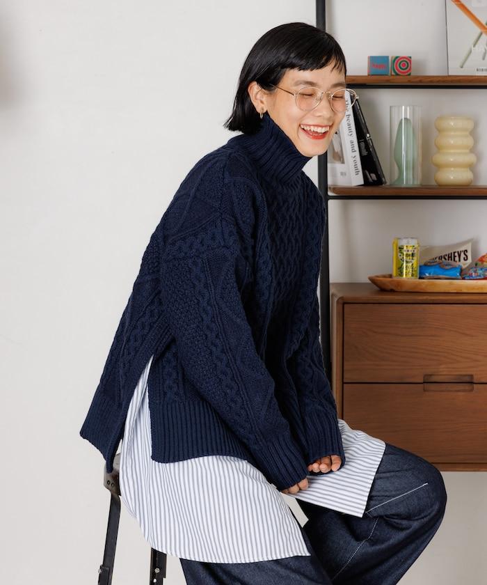 混色編織高領針織套頭衫
