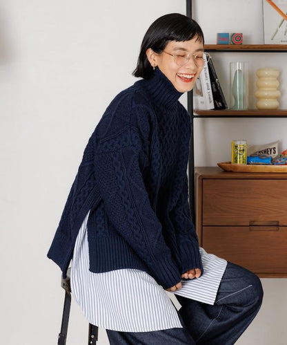 混色編織高領針織套頭衫