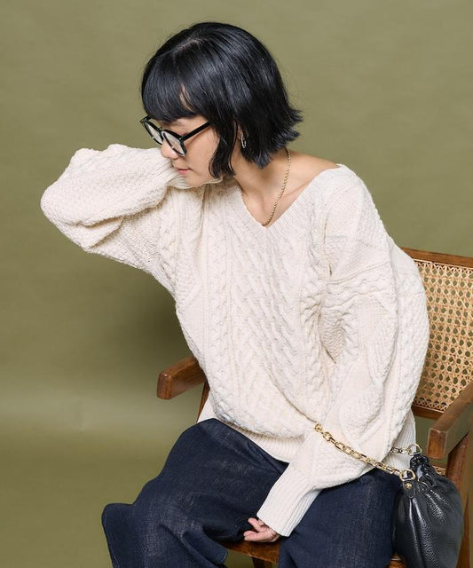 混色編織V領針織衫