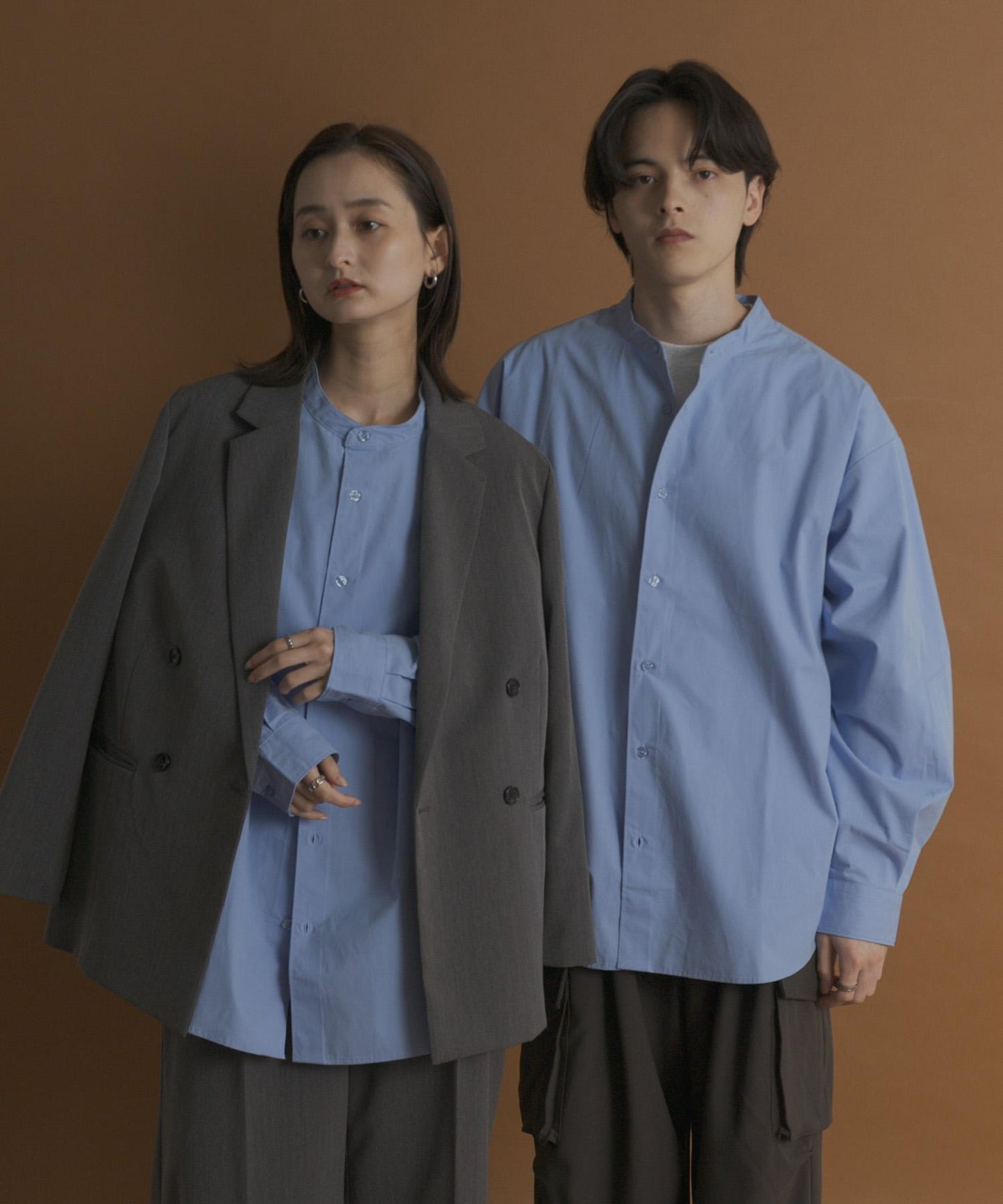 桃色寬鬆立領長袖襯衫