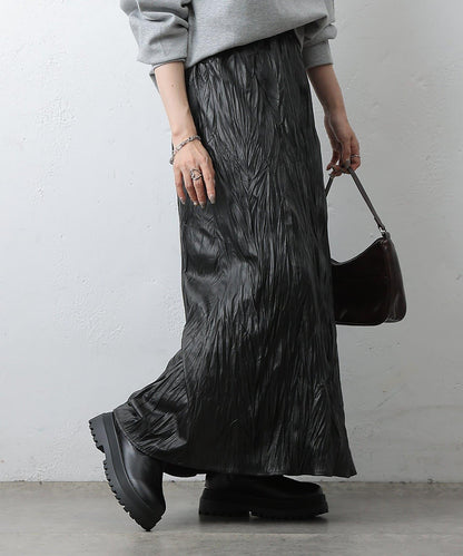 仿皮褶皺半身裙