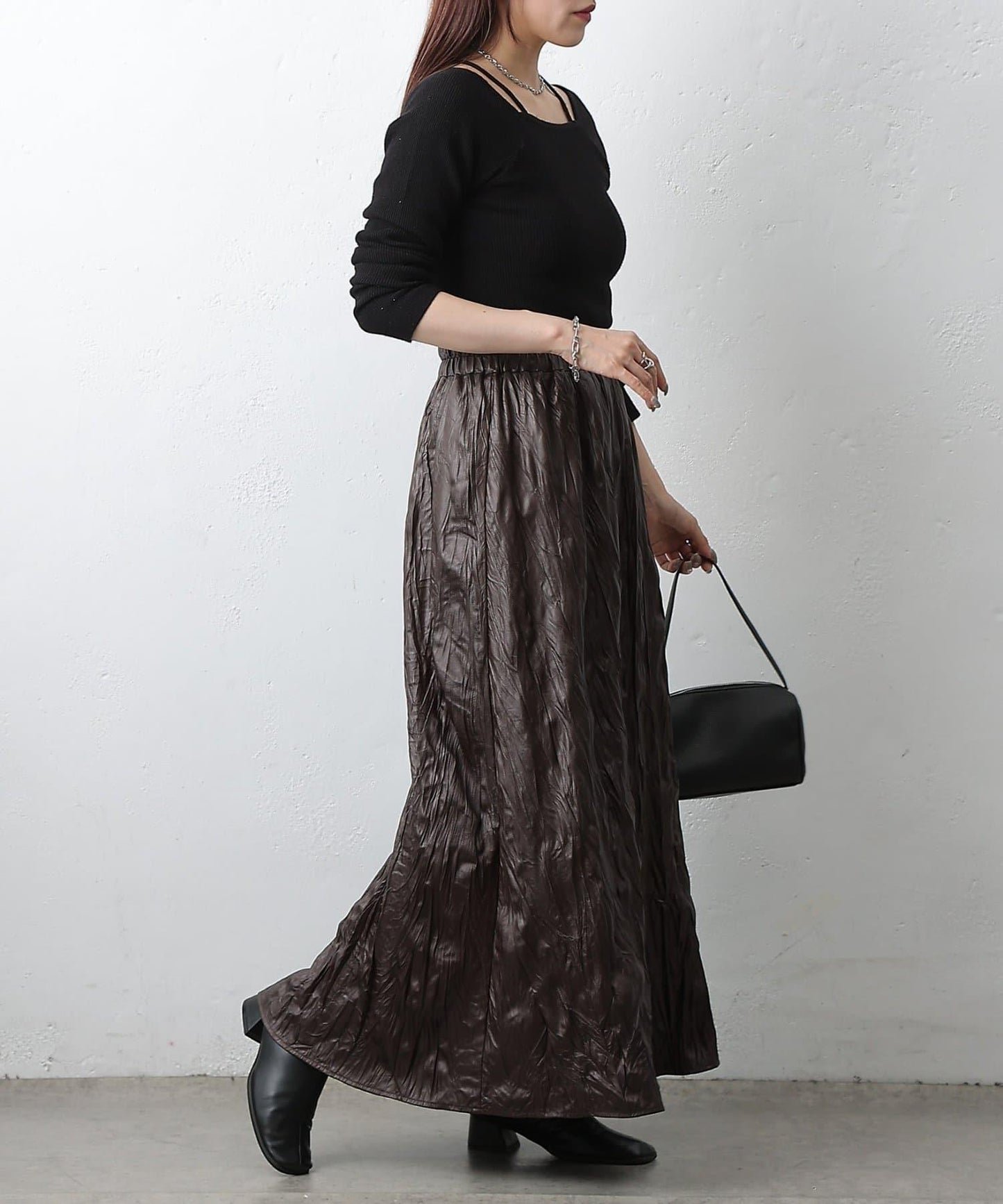 仿皮褶皺半身裙