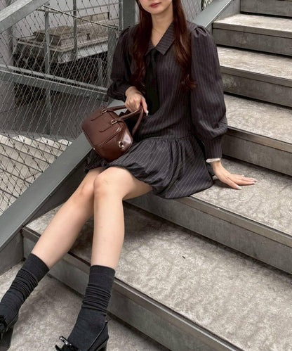 帶領帶下襬泡泡袖迷你連衣裙