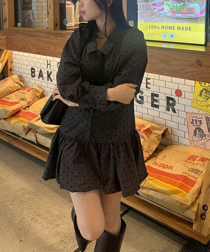 帶領帶下襬泡泡袖迷你連衣裙
