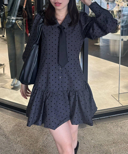 帶領帶下襬泡泡袖迷你連衣裙