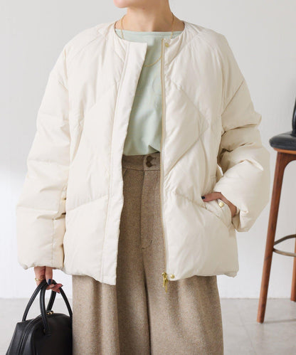 【輕量外套】輕質壓花無領羽絨服