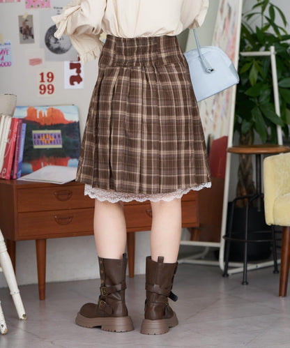 蕾絲拼接格紋百褶中長裙