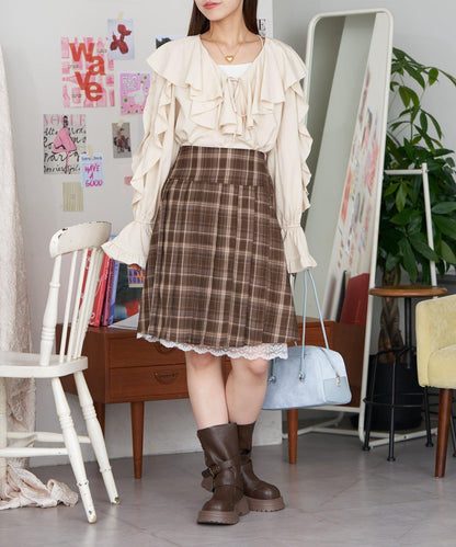 蕾絲拼接格紋百褶中長裙