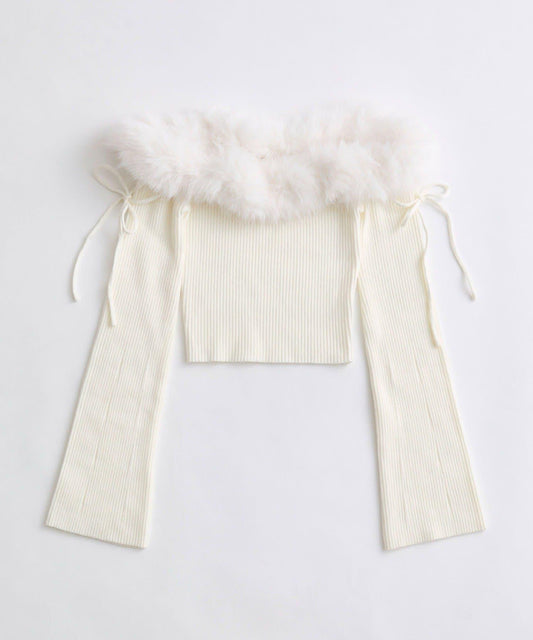 【Belle Charme】蝴蝶結毛絨一字肩針織衫