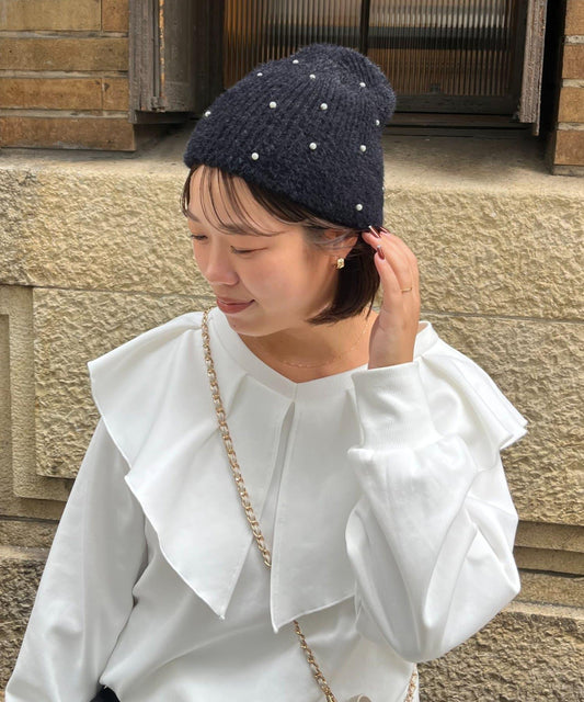 【SAPON】蓬鬆珍珠針織毛線帽