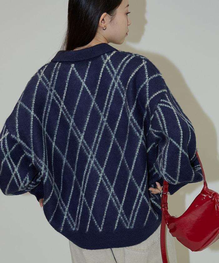 格紋仿馬海毛V領針織衫