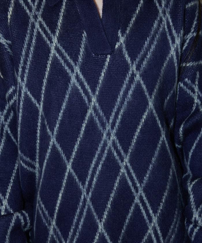 格紋仿馬海毛V領針織衫