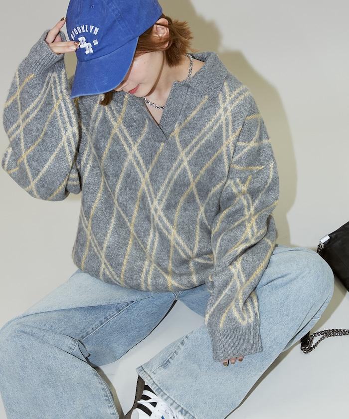 格紋仿馬海毛V領針織衫