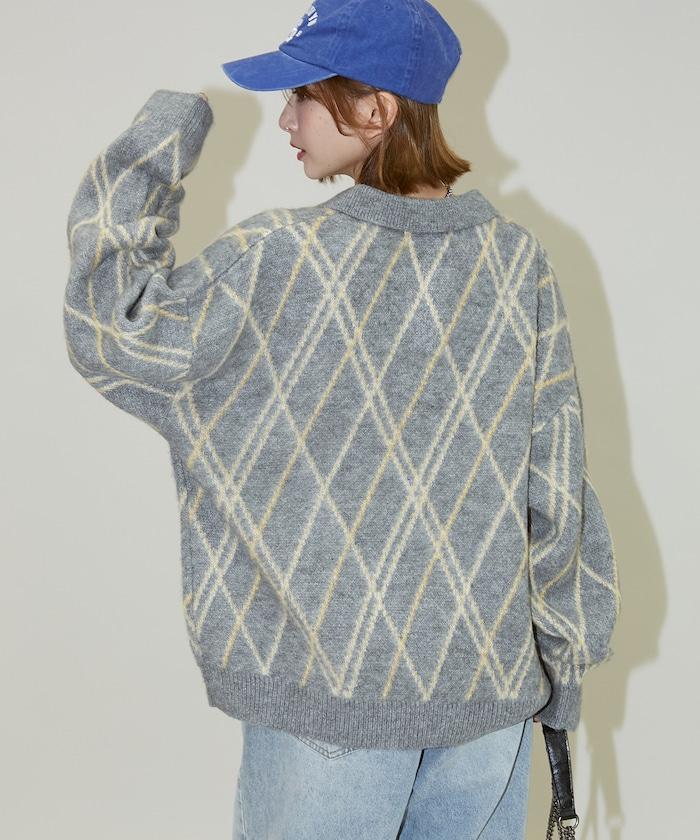 格紋仿馬海毛V領針織衫