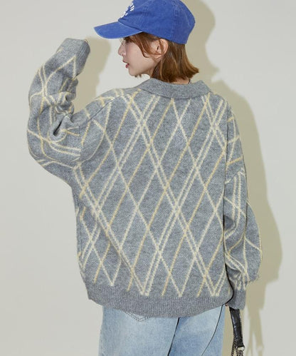 格紋仿馬海毛V領針織衫