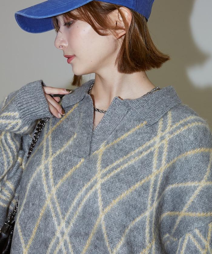 格紋仿馬海毛V領針織衫