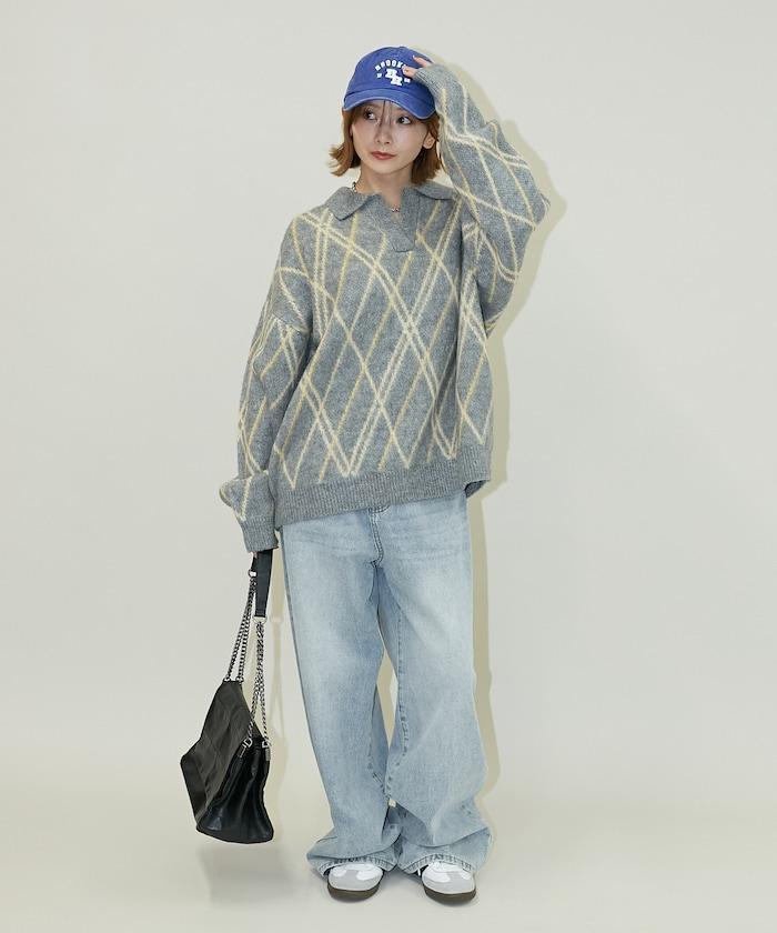 格紋仿馬海毛V領針織衫