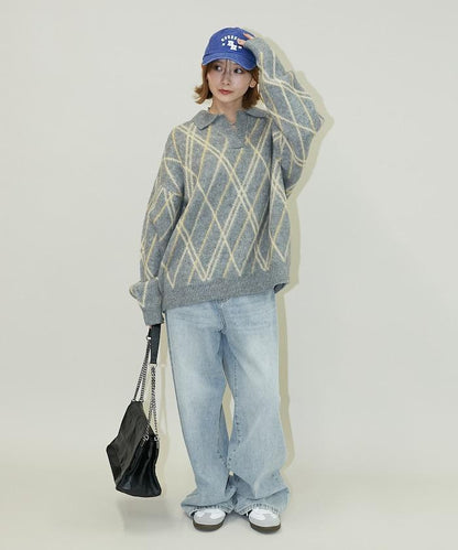 格紋仿馬海毛V領針織衫