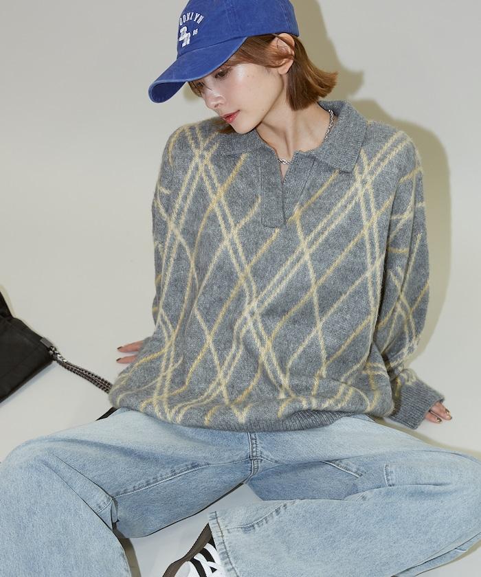 格紋仿馬海毛V領針織衫