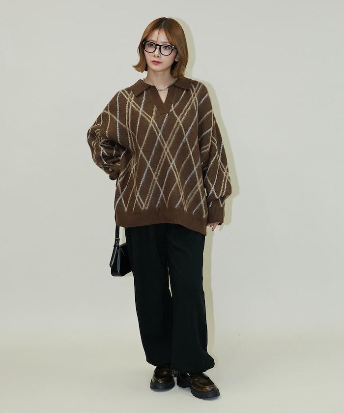格紋仿馬海毛V領針織衫