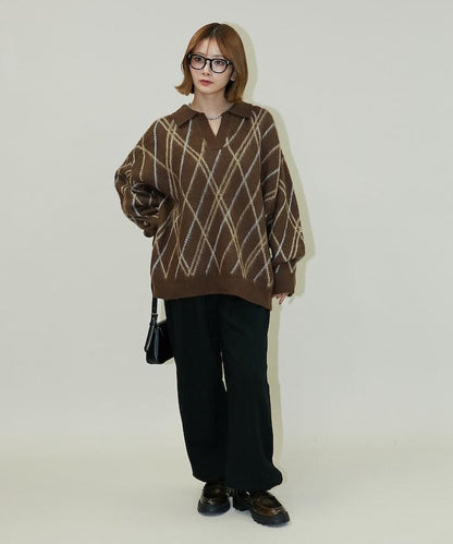 格紋仿馬海毛V領針織衫