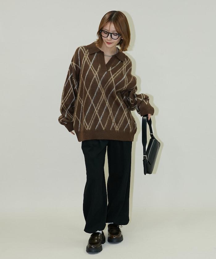 格紋仿馬海毛V領針織衫