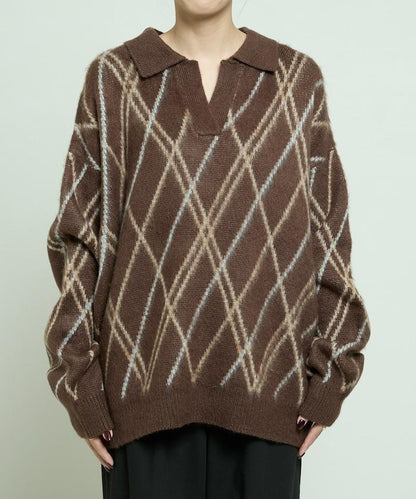 格紋仿馬海毛V領針織衫