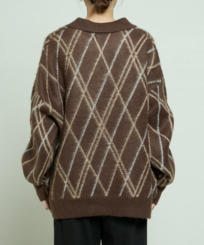 格紋仿馬海毛V領針織衫