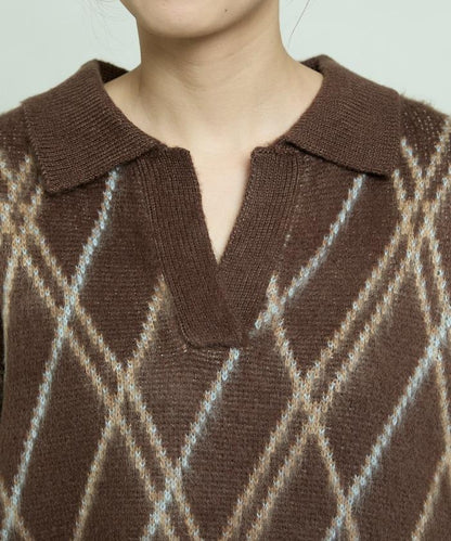 格紋仿馬海毛V領針織衫