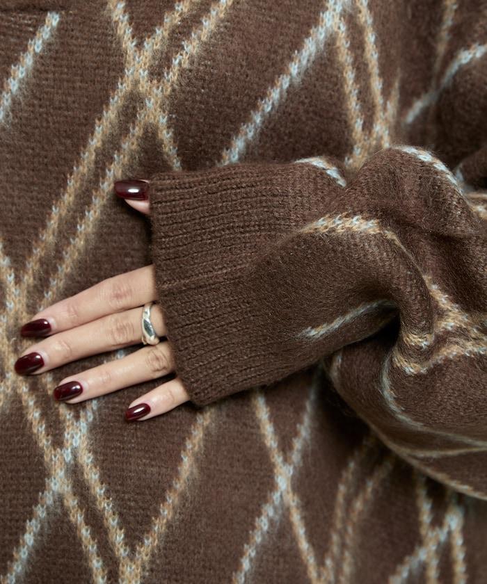 格紋仿馬海毛V領針織衫