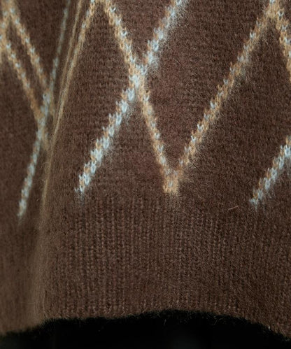 格紋仿馬海毛V領針織衫