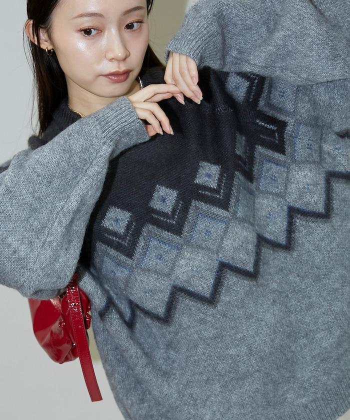 鑽石提花仿馬海毛針織套頭衫