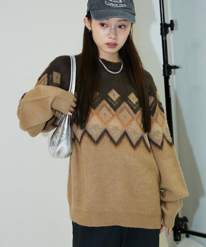 鑽石提花仿馬海毛針織套頭衫