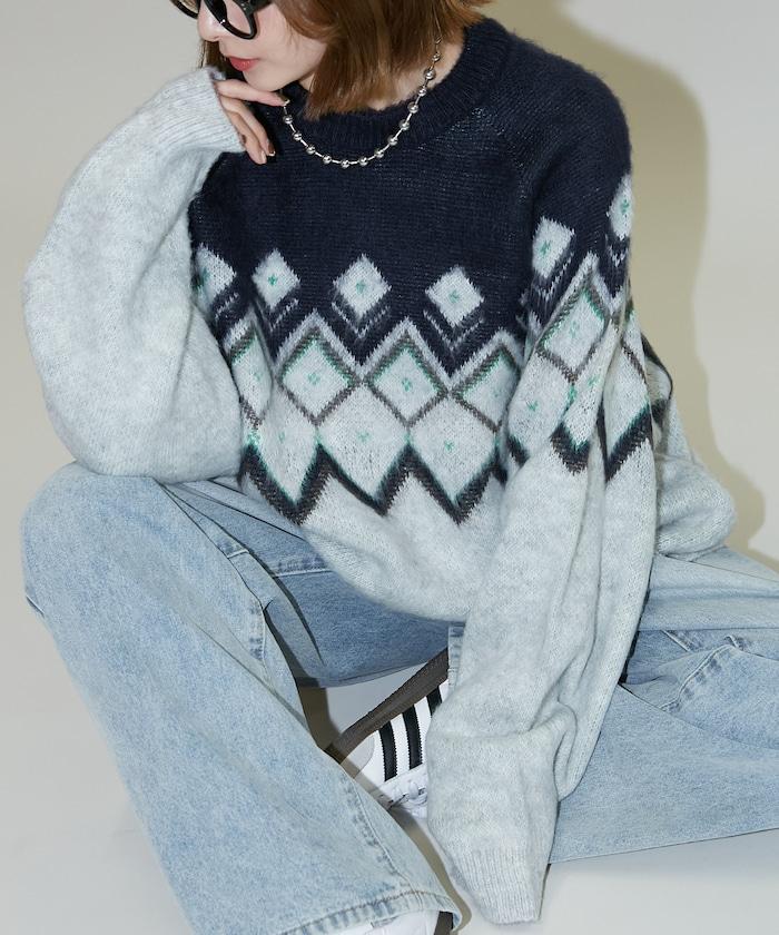 鑽石提花仿馬海毛針織套頭衫