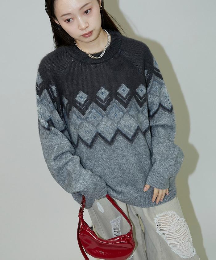 鑽石提花仿馬海毛針織套頭衫