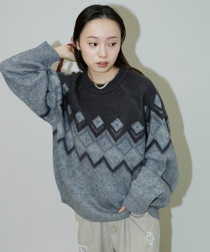 鑽石提花仿馬海毛針織套頭衫