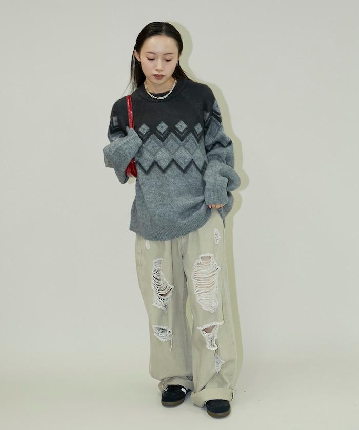 鑽石提花仿馬海毛針織套頭衫