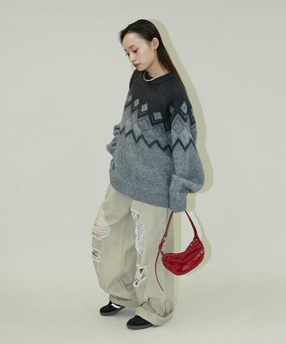 鑽石提花仿馬海毛針織套頭衫