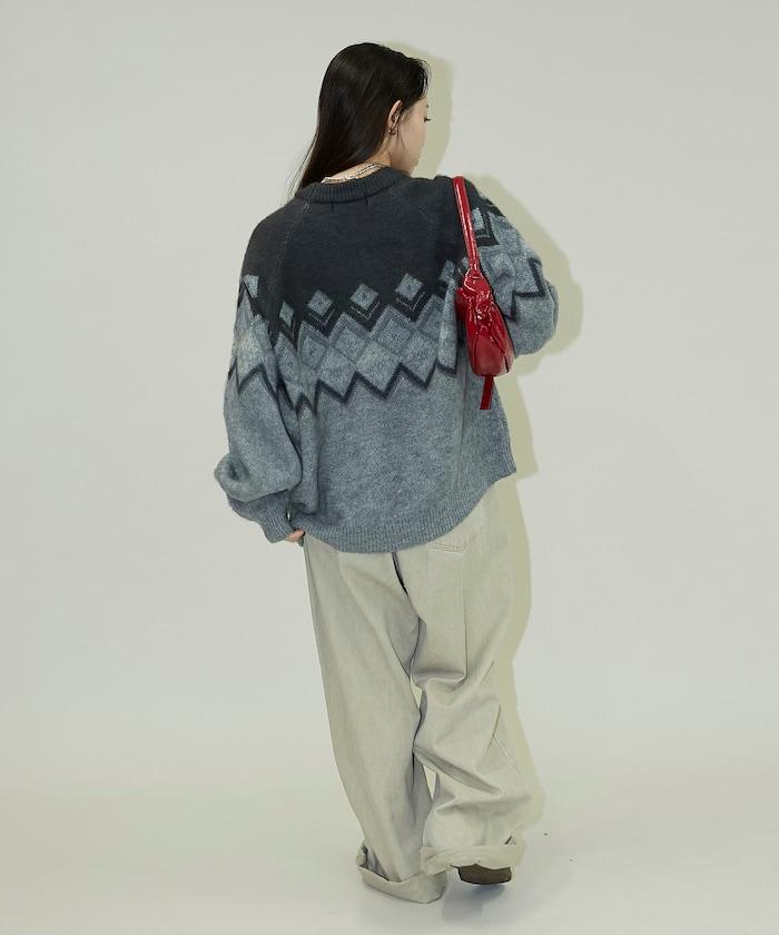 鑽石提花仿馬海毛針織套頭衫