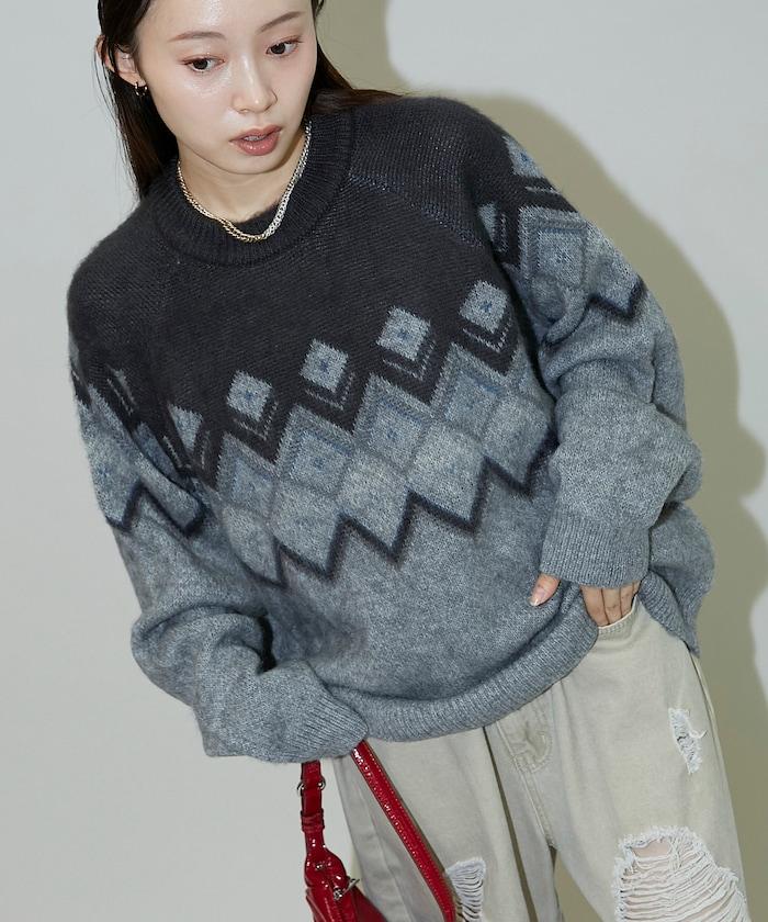 鑽石提花仿馬海毛針織套頭衫