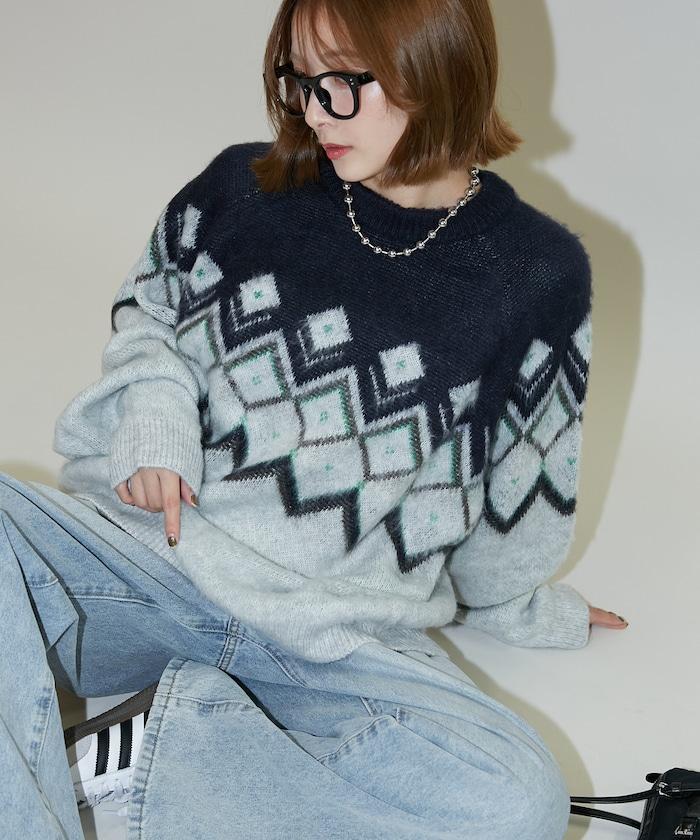 鑽石提花仿馬海毛針織套頭衫