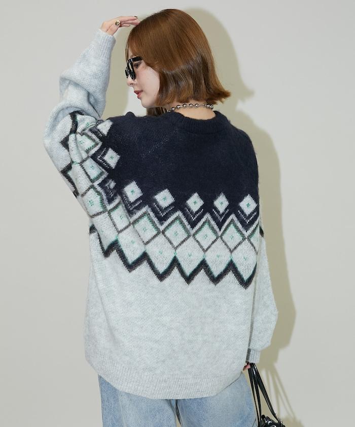 鑽石提花仿馬海毛針織套頭衫