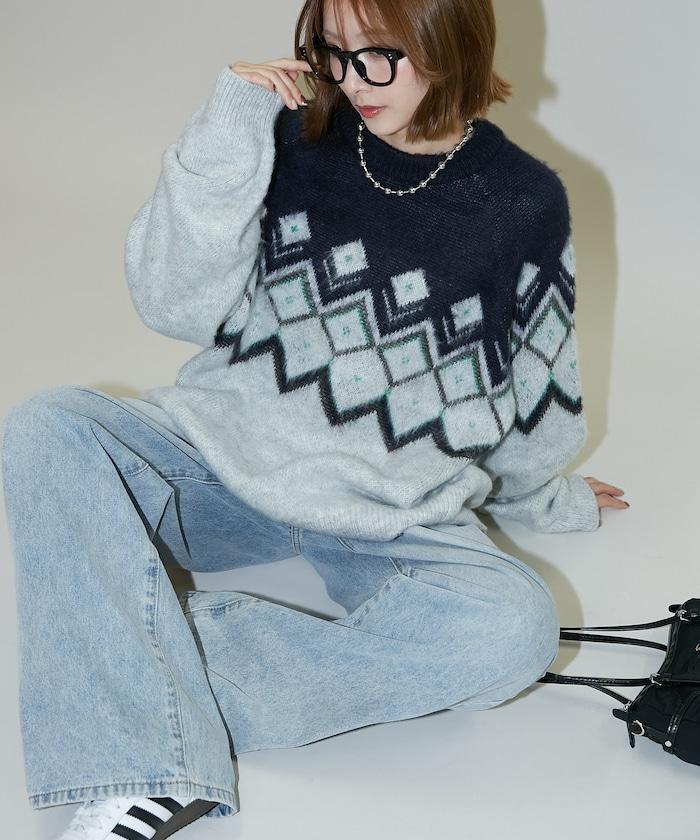 鑽石提花仿馬海毛針織套頭衫