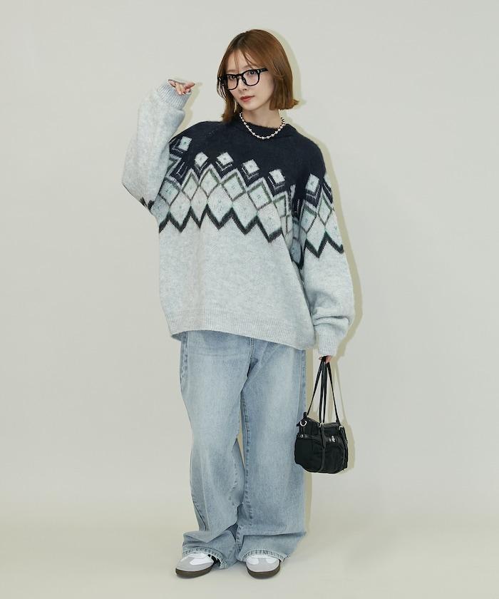 鑽石提花仿馬海毛針織套頭衫