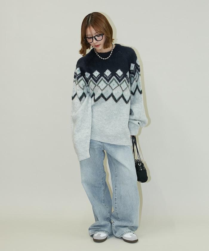 鑽石提花仿馬海毛針織套頭衫