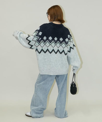 鑽石提花仿馬海毛針織套頭衫