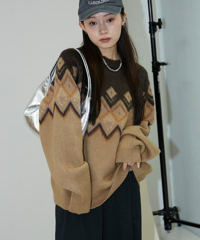 鑽石提花仿馬海毛針織套頭衫